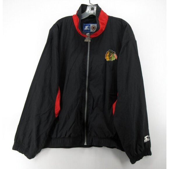 VINTAGE Chicago Blackhawks Jacket Large Black Starter Hockey NHL Windbreaker
